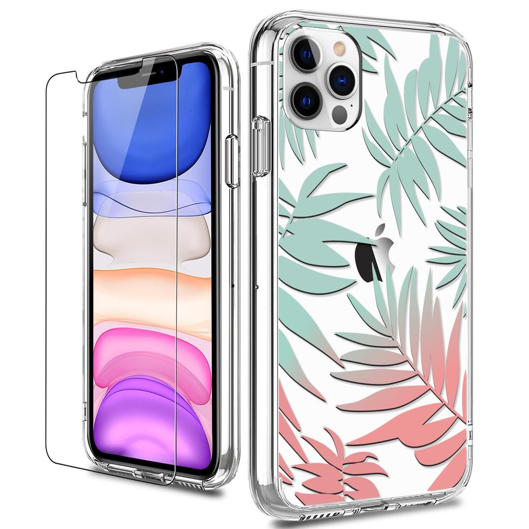 LUHOURI for iPhone 16 Pro Case with Screen Protector - Crystal Acrylic Clear - Fashionable Pattern Design -Wireless Charging -Slim Fit Protective Phone Cover for Women Girls,Tropical Floral Leaves