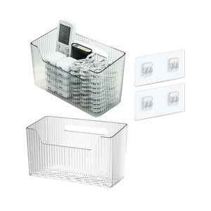 Set Of 2 Storage Organizer Bins Wall Mounted Shower Basket, Shower Caddy Stackable Clear Plastic Makeup Organizer Adhesive Hanging Bin for Bathroom, Kitchen, Cabinet, Pantry, BPA Free, Clear