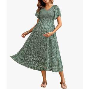Maternity Dress for Baby Shower - 2025 Photoshoot Pregnancy Summer Midi Casual Flutter Sleeve Dress, Size M