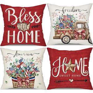DFXSZ 4th of July Pillow Covers 18x18 Set of 4 American Flag Fireworks Star Decor Truck Flower Basket Independence Day Outdoor Pillow Covers, Polyester Cushion Case Gifts for Home Decor 175H (18" x 18" (Pack of 4), Red)