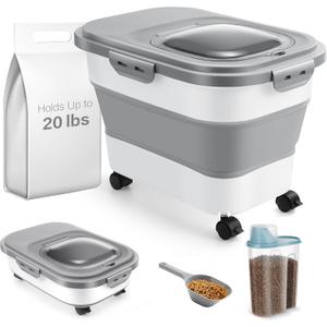 ANVS Airtight Collapsible Pet Food Container With Casters, Scoop and Small Container - Keeps Up To 20lbs Dry Dog Food Fresh (Grey)