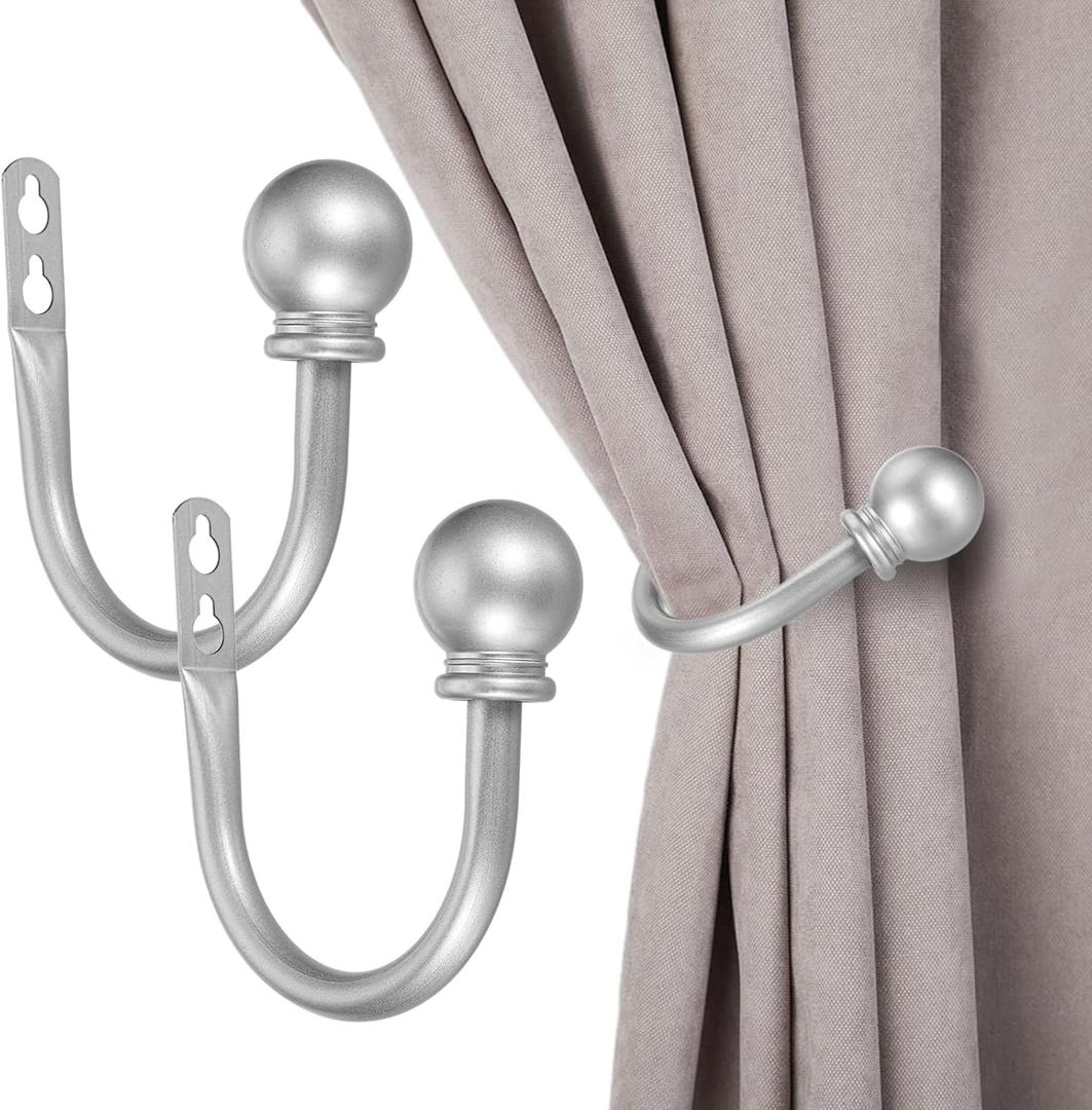 Sumnacon Set of 2 Decorative Curtain Holdbacks, Wall Mounted Aluminum Alloy Window Drapery Tiebacks for Bedroom, Livingroom Office Come with Screws, Silver