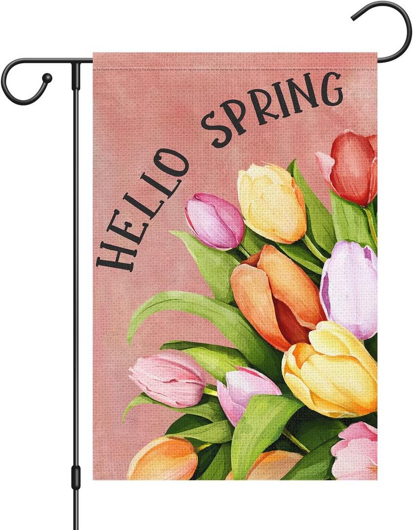 Louise Maelys Welcome Spring Garden Flag 12x18 Double Sided Vertical, Burlap Small Tulip Flower Yard House Outside Outdoor House Hello Summer Seasonal Decoration