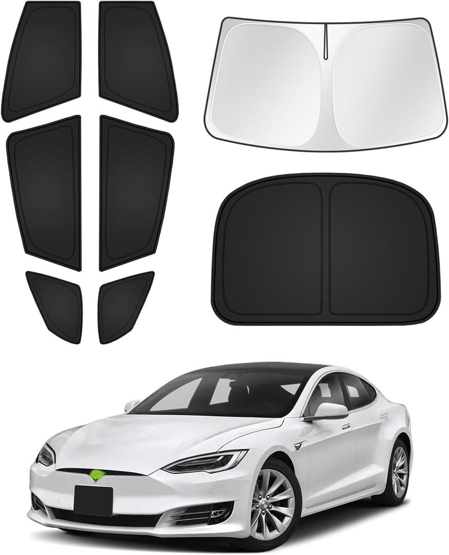 Sunshades for Tesla Model S 2012-2025 2026 (Not for Model S Plaid/Long Range) Windshield Sun Shade Side Rear Window Shade Cover Sun Visor Shield Privacy Protection Keep Vehicle Cool Black 8PCS