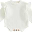LZUBCPY Baby Girl Sweater Bubble Romper Ruffle Long Sleeve Chunky Knit Solid Bodysuit Cute Newborn Infant Fall Winter Clothes (White)