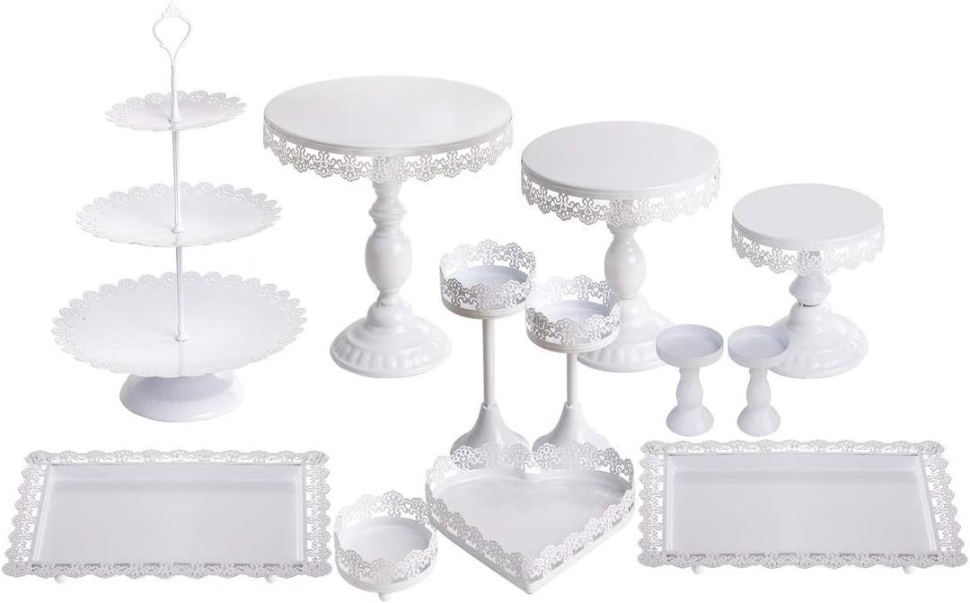 Set of 12 Pieces White Cake Stand and Pastry Trays Metal Cupcake Holder Fruits Dessert Display Plate for Baby Shower Wedding Birthday Party Celebration