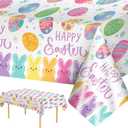2 Pcs Happy Easter Table Cloth - Plastic Bunny Eggs Tablecloth, Disposable Rectangle Spring Floral Table Cover for Easter Home Dining Kitchen Activity Party Decorations Tables Decor, 108 x 54 Inch