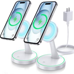 2 Pack Magnetic Wireless Charger Stand 15W Fast Mag-Safe Charger for iPhone iPhone 17 /17 pro/ 17 Air/ 17 pro max 16/15/14/13/12 Series Magnet Wireless Charging Station with Light for AirPods