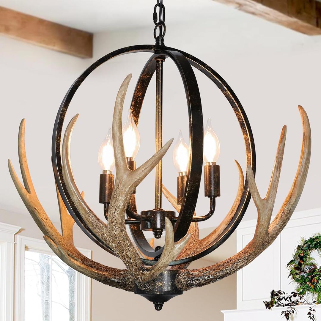 Antler Chandelier 4 Lights, 20" Rustic Farmhouse Chandelier with Resin 4 Antlers and Retro Metal Globe Chandeliers Vintage Style for Dining Room, Kitchen, Entryway, Living Room
