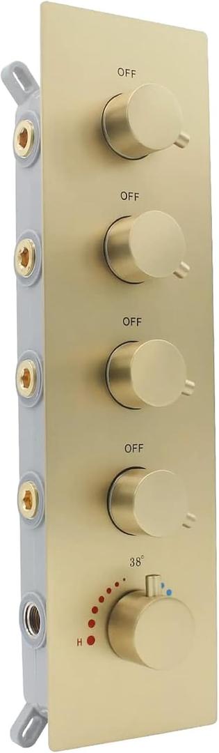 4 Way Thermostatic Shower Valve, Concealed 4 outlet Shower Diverter Mixing Valve, Can Run Together and The Flow Can Be Controlled with Bathroom Shower System, Brushed Gold, 4BS