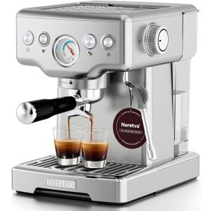 Neretva Espresso Machine, 15 Bar Espresso Coffee Machine with Visible Pressure Guage Professional Espresso Maker with Milk Frother & Stainless Steel for Home Barista Latte and Cappuccino Maker-Silver