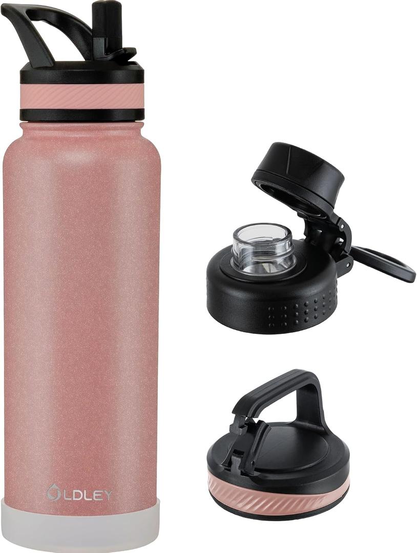 OLDLEY 40 oz Insulated Water Bottle With Straw, Stainless Steel Sports Water Cup Flask with 3 Lids(Straw, Spout and Handle Lid) Double Walled Travel Thermal Canteen Mug, Rose Gold