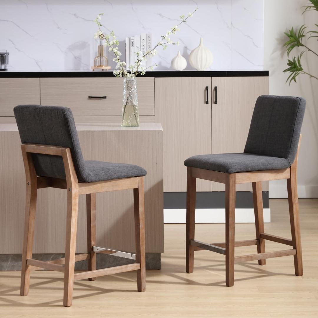 26" Modern Counter Height Bar Stools Set of 2, Farmhouse Linen Upholstered Counter Stools with Back & Metal Footrest, Wooden Kitchen Island Bar Chairs, Grey