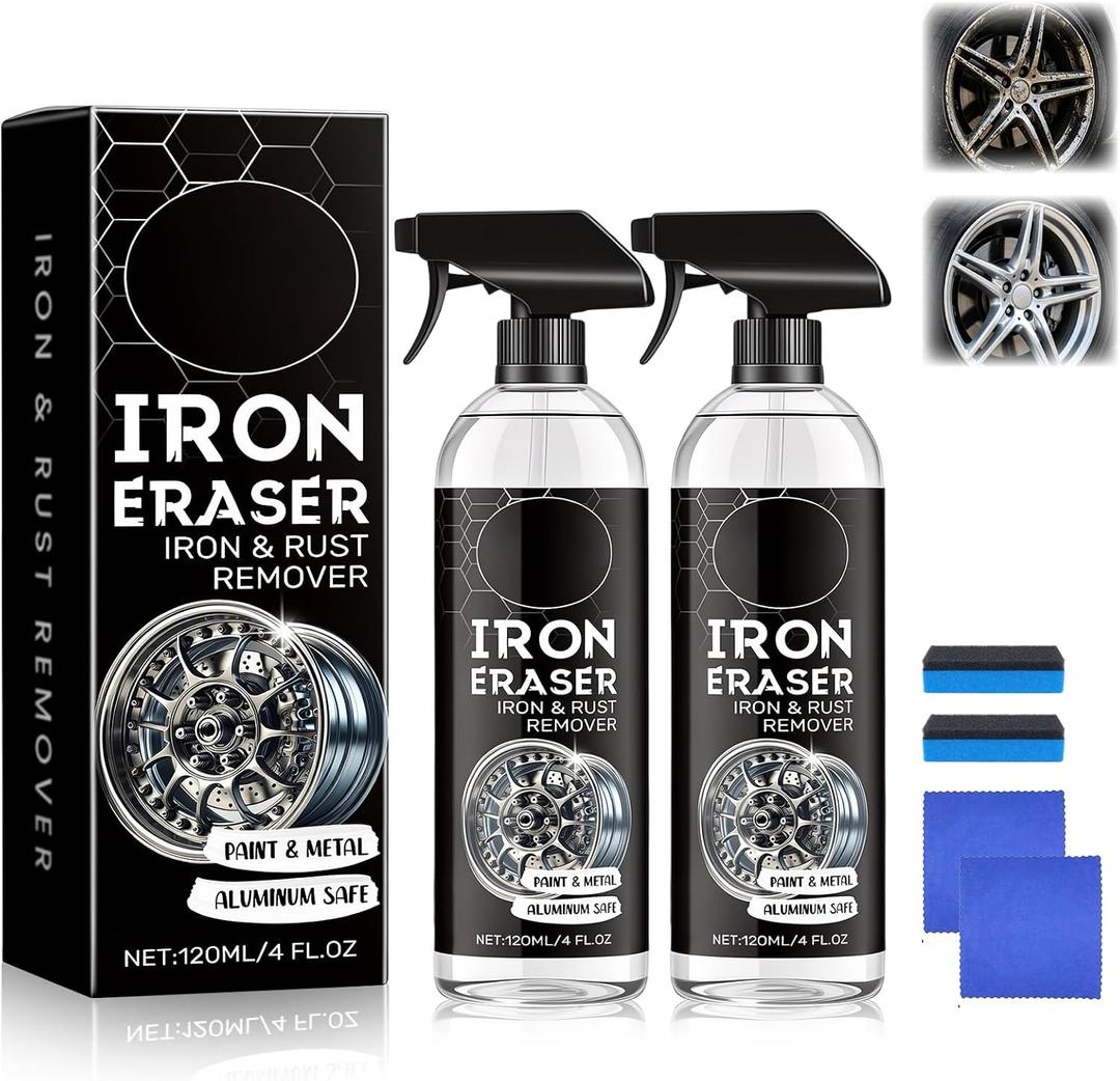 2PCS Iron Eraser Rust Remover Spray, Iron Powder Remover Spray for Car Wheels and Paint Fast Acting Rust and Brake Dust Remover, New Upgraded Automotive Surface Cleaning (EXP 11/14/29)