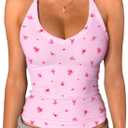 Danysu V Neck Racer Back Tank Top for Women Padded Ribbed Long Tank Fitted Basic Cami Tops (Pink, S)