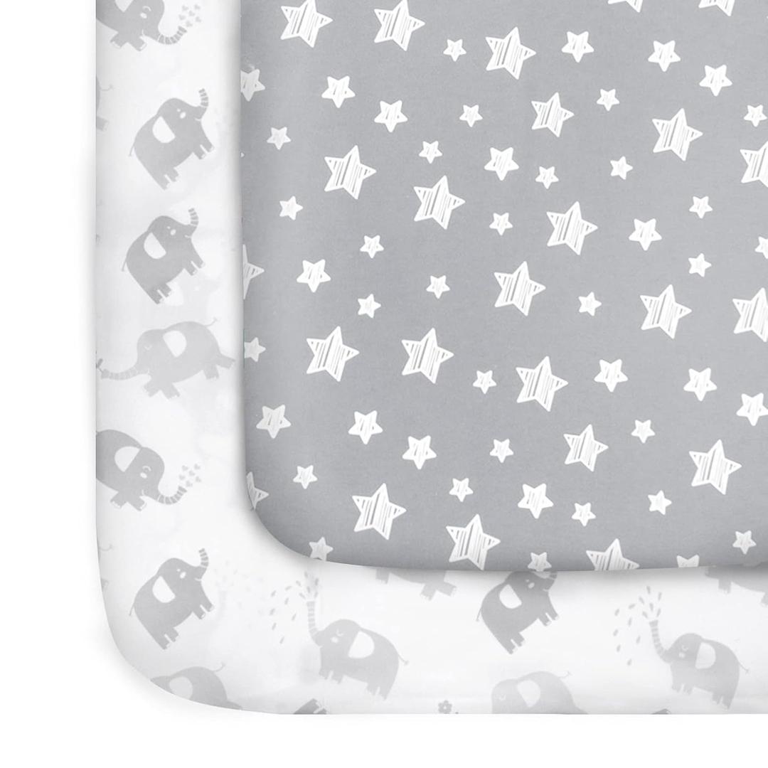 Pack and Play Sheets, 2 Pack Mini Crib Sheets, Stretchy Playard Fitted Sheet, Compatible with Graco Pack n Play, Soft and Breathable Material, Stars & Elephant