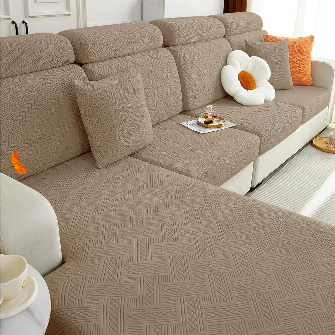 hyha Couch Cushion Covers, Stretch Sofa Seat Cushion Slipcover, Sectional Couch Covers L Shape with Elastic Bottom for Sectional Sofa(Chaise, Camel)