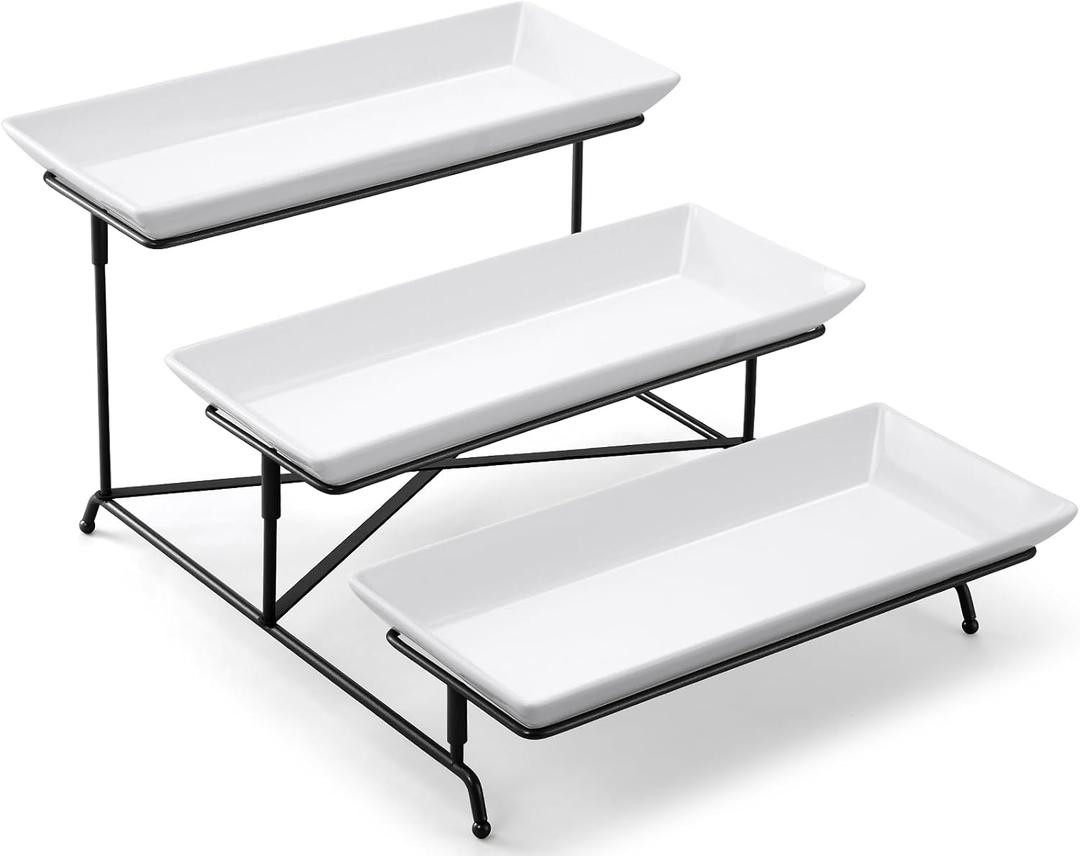 Yedio 3 Tier Serving Tray Set 14 Inch Porcelain Tiered Serving Trays Platters, Collapsible Sturdier Stand with Stable Cross Bars, Three Layer Serving for Party Entertaining Food Display Fruit Dessert (15" x 13" x 9", Black)