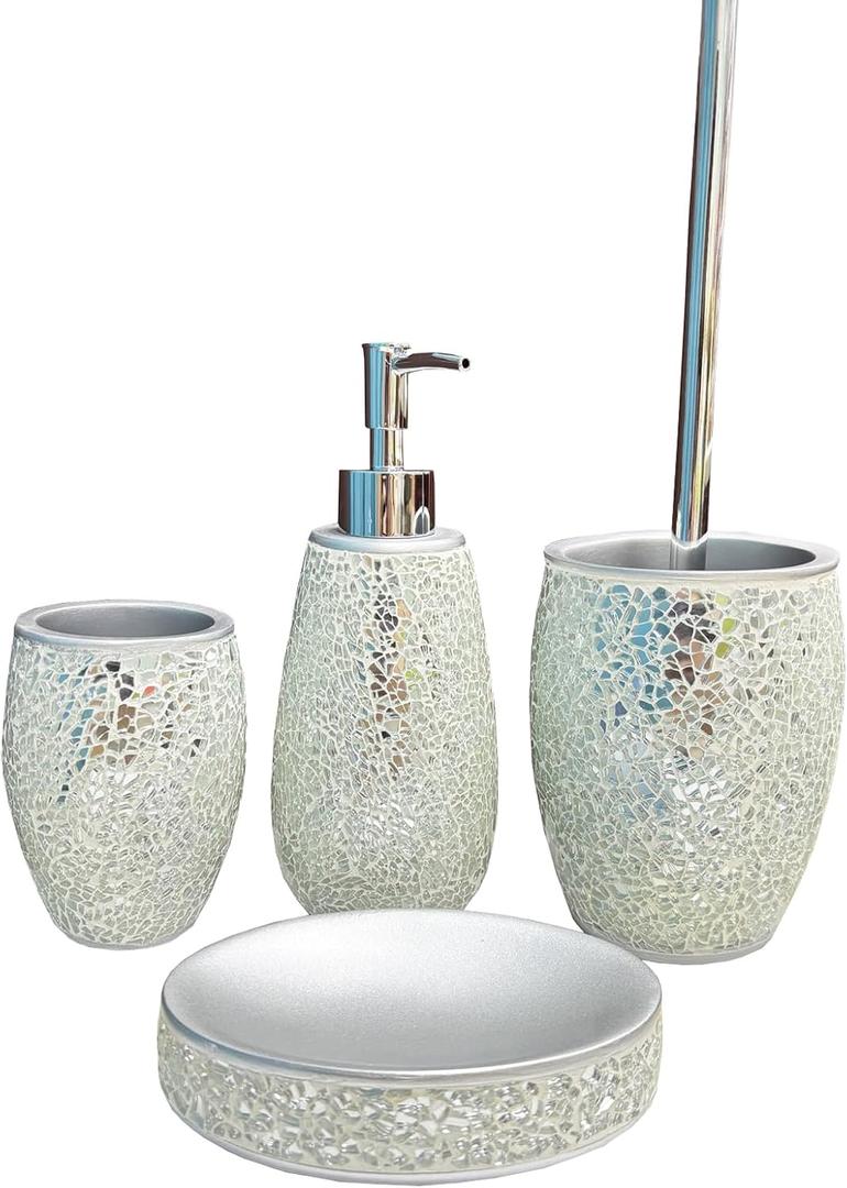 Exquisite Silver Glass Sequins Resin Bathroom Accessory Set,4 Pcs - Soap Dish,Lotion Dispenser,Toothbrush Cup,Toilet Brush & Holder,Modern Luxury Bathroom Set