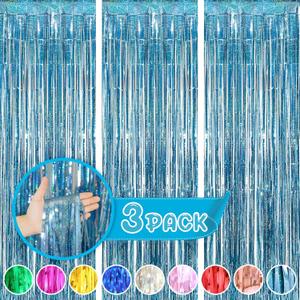 Blue Streamers for Party Decorations - 3 Pack 3.3ft x 8.3ft Tinsel Curtains for Bluey Birthday and Winter Wonderland Occasions