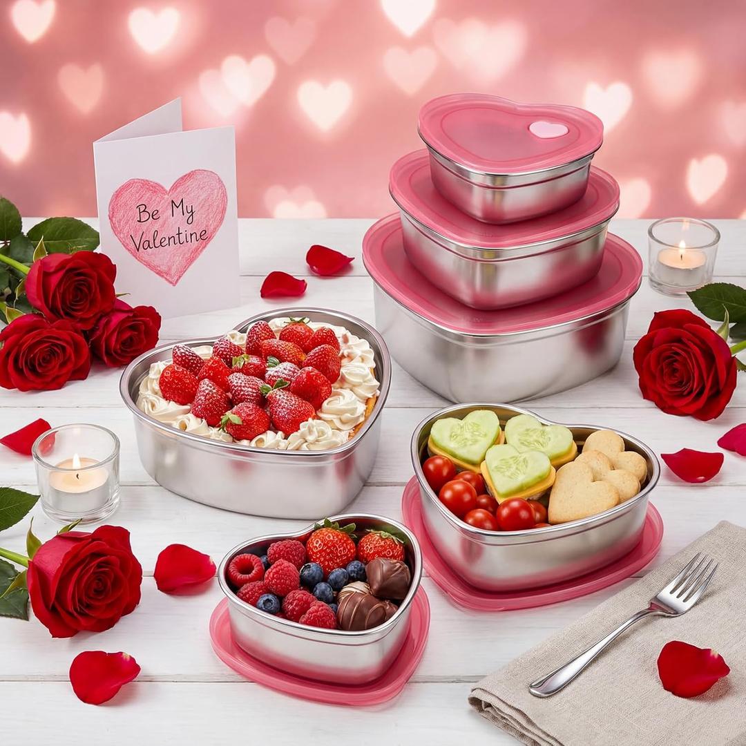3 Pcs Heart Shaped Snack Box with Lid Mixed Size 12oz 30oz 64oz Snackle Container Stainless Steel Cake Fruit Dessert Food Storage Box Reusable Love Lunch Bento for Picnic Office(semi-sealed)