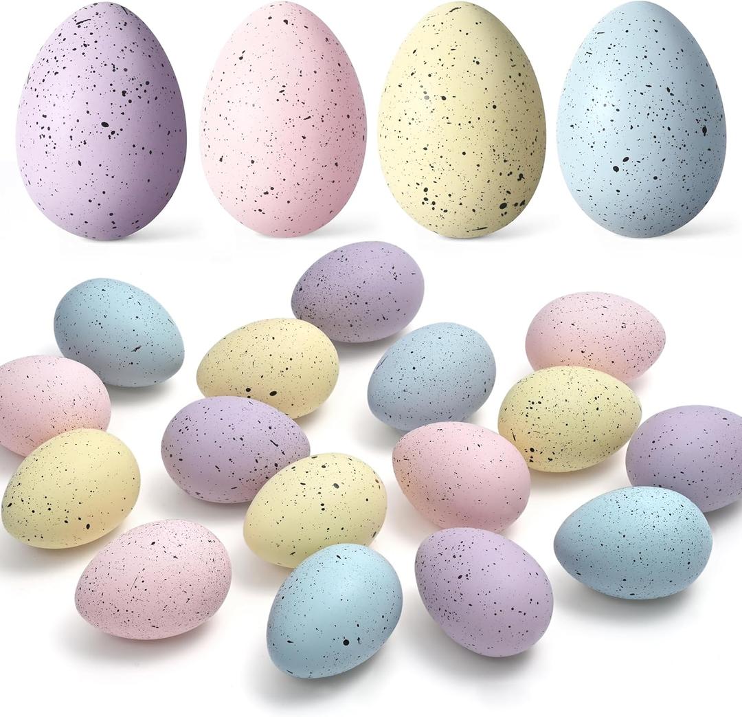 Waipfaru 16 Pcs Easter Eggs, Plastic Easter Decorations, Speckled Easter Table Decor, Easter Centerpiece Table Decorations for Indoor Outdoor Home Vase Filler Basket Spring Party DIY(Pastel Colors) (Blue, Yellow, Purple, Pink)