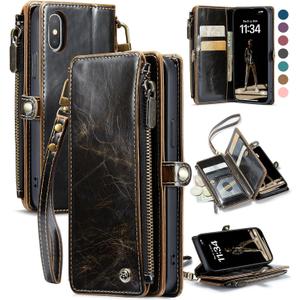 Defencase Compatible with iPhone X/XS Case Wallet with RFID Blocking Card Holder for Women Men, Fashion PU Leather Magnetic Snap Flip Zipper Strap Wallet Phone Case Fit for iPhone Xs & X 5.8", Coffee