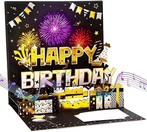 Ribbli Birthday Cards, Fireworks with Light and Music, Musical Pop Up Birthday Card for Men Women, 7.1 x 7.1 Inches with Envelope