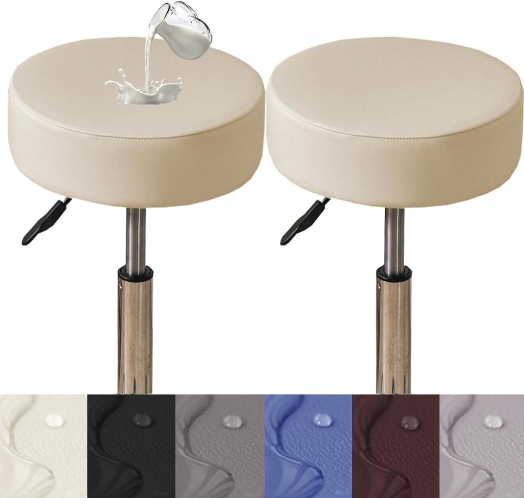 HFCNMY Stool Covers,2Pcs Stretch Waterproof PU Bar Stool Covers Round,Leather Bar Stool Seat Cover,Round Barstool Cover Slipcover with Elastic Bands for 15-18 in Large,Beige