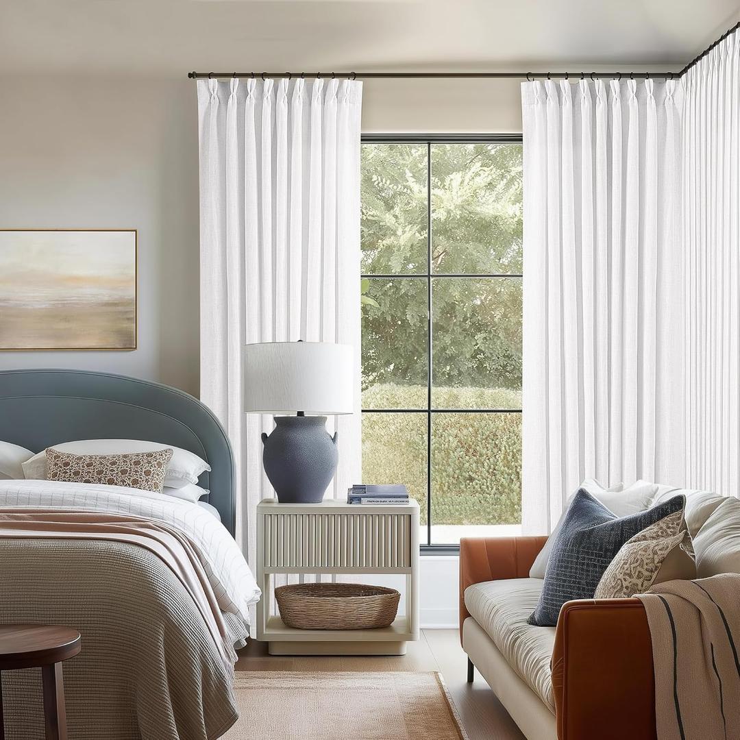 Snow White Pinch Pleated Linen Curtains 1 Panel for Living Room Bedroom Memory Training Shaped Semi Sheer Pleat Drapes with Hooks Rings Light Filtering Window Curtain 60x108