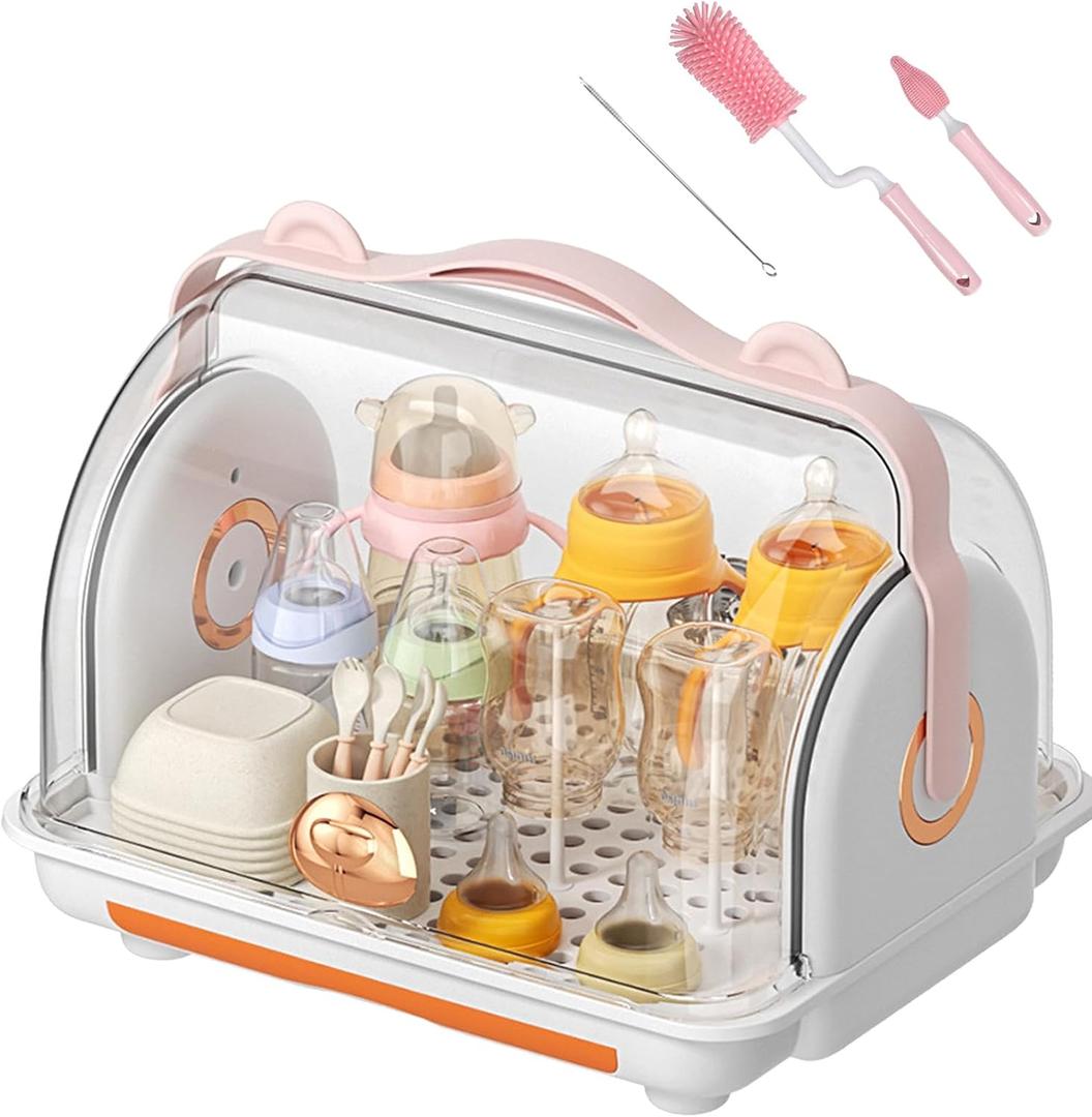 Baby Bottle Drying Rack Storage with 3 Brush, Nursing Bottle Storage Box Organizer with Cover, Portable Kitchen Cabinet Organizer, Durable countertop Dryer (Orange), Large