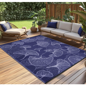 Pcinfuns Outdoor Patio Rugs 9X12 Waterproof, Reversible Plastic Straw Camping Rug Carpet, Large Area Rugs Mats for Rv, Deck, Porch, Picnic, Beach, Balcony, Navy Blue & Grey