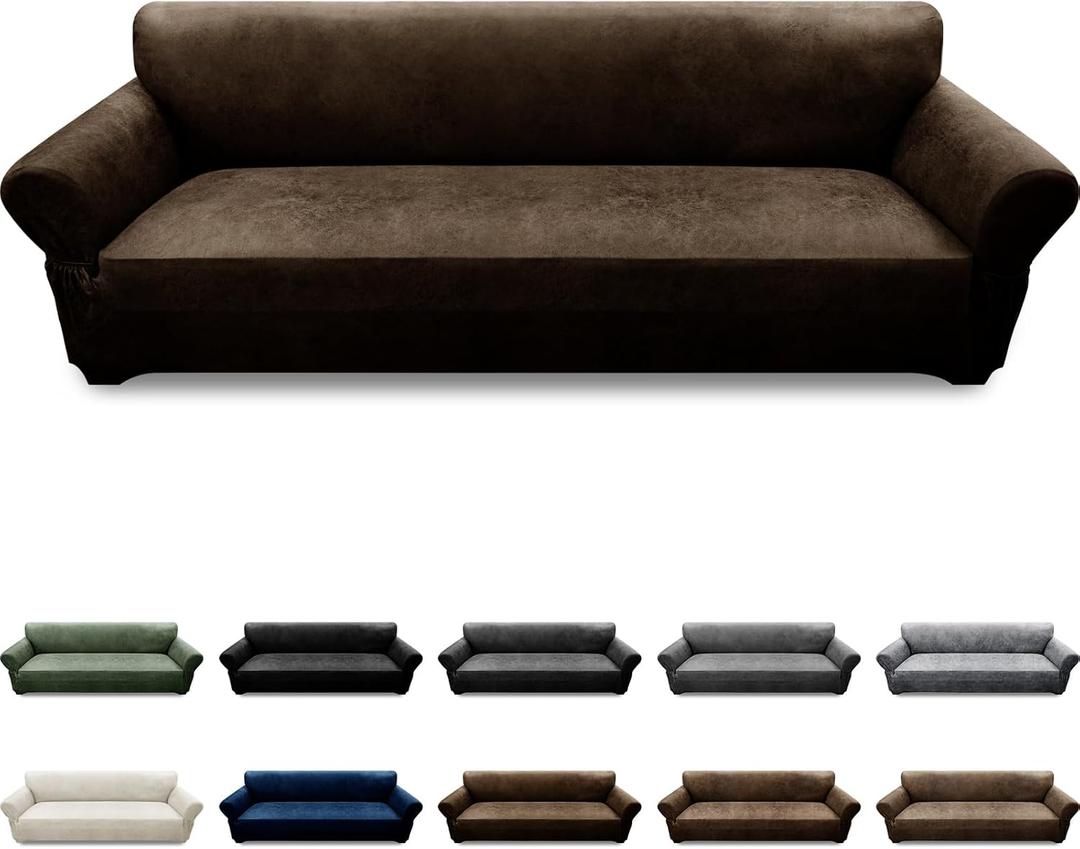 Oversized Sofa Slipcover Leather Look Couch Cover for 4 Seater Sofa 1-Piece Sofa Cover Stretch Furniture Protector with Elastic Bottom & Pockets(XL Sofa, Coffee)