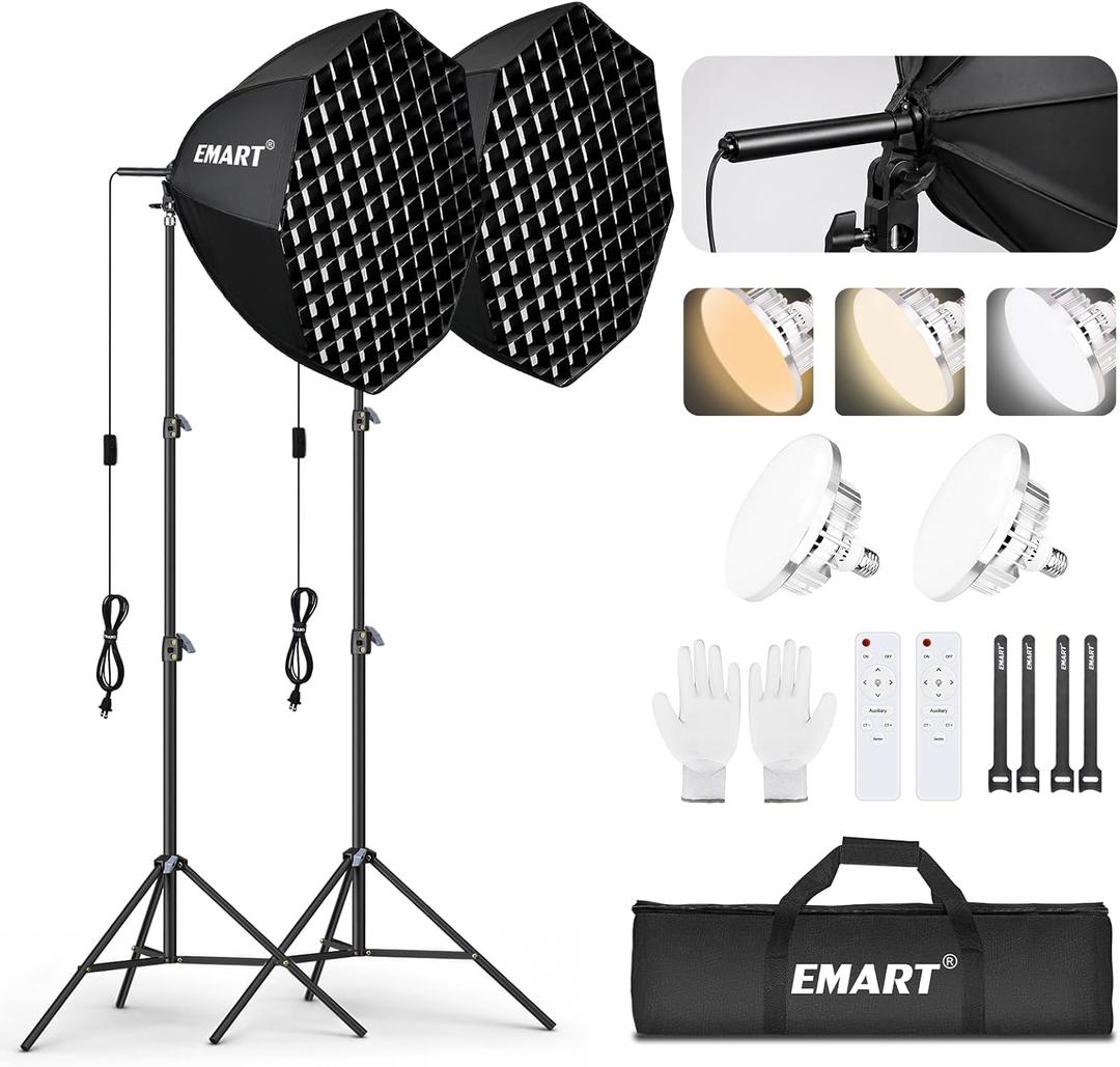 EMART Softbox Lighting Kit with Grid, 135W 25.5" Soft Box for Photography | Pull Softbox, 3000K-6500K LED Bulb with Remote Control, Photography Lighting kit for Video Recording,Streaming,Portrait-2Pack