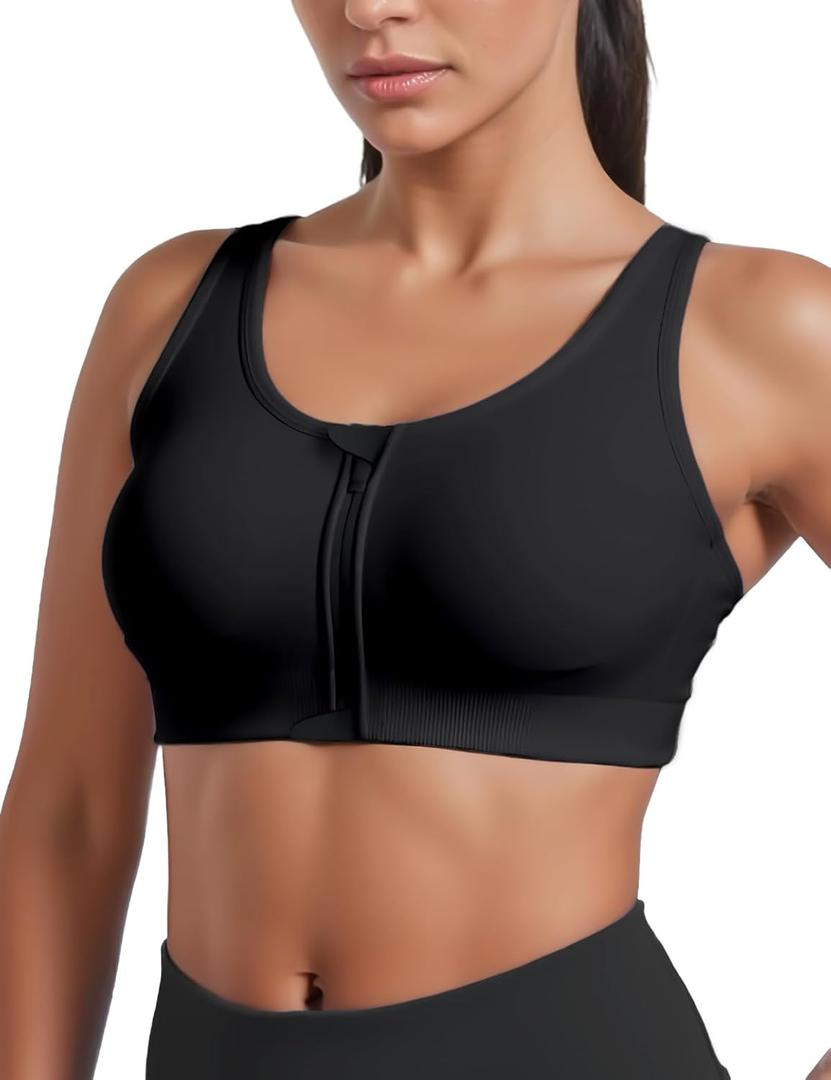 Women's Zip Front Sports Bra: High Support Front Closure Padded Bra for for Active Yoga Gym Workout (X-Large, Black)
