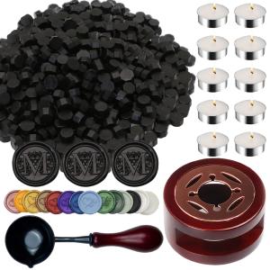 Sealing Wax Beads, ONWINPOR 400pcs Wax Seal Kit with Warmer, Non-Slip Spoon, Candles for Envelopes, Stamp Letter Seal,Wedding Invitations (Black)