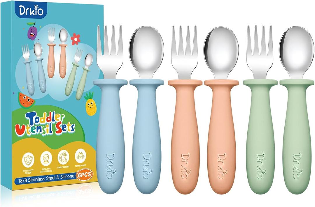 4 x DRKIO 6 Pieces Toddler Utensils Set - Kids Silverware Set with Silicone Handle Children Safe 18/8 Stainless Steel Forks and Spoons Anti-Choke Design Food Grade Dishwasher Safe (Blue/Pink/Green)