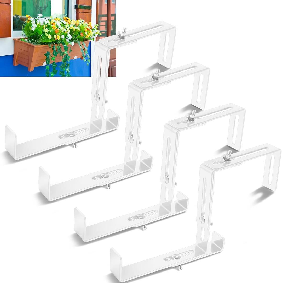 2 x Leinuosen 4 Pcs Adjustable Window Boxes Brackets Planter Box Bracket Heavy Duty Deck Railing Hanging Flower Stand for Windowsill Garden Fence Balcony (White)