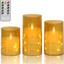 DRomance Gold Glass Flameless Candles String Lights with Remote Timer Moving Wick Battery Operated LED Flickering Pillar Candles Plastic Dinner Wedding Christmas Holiday Decor D3 x H4, 5", 6"