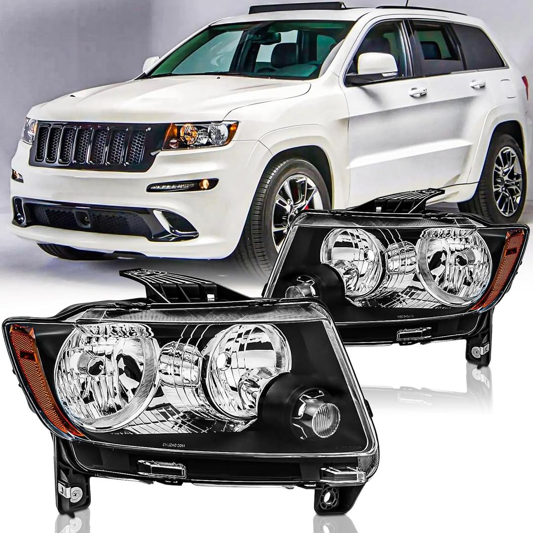 Headlights Assembly Pair for 2011 2012 2013 Jeep Grand Cherokee / 2011-2017 Jeep Compass Halogen Headlamps Head Lights Replacement Driver and Passenger Side,Black Housing Amber Reflector