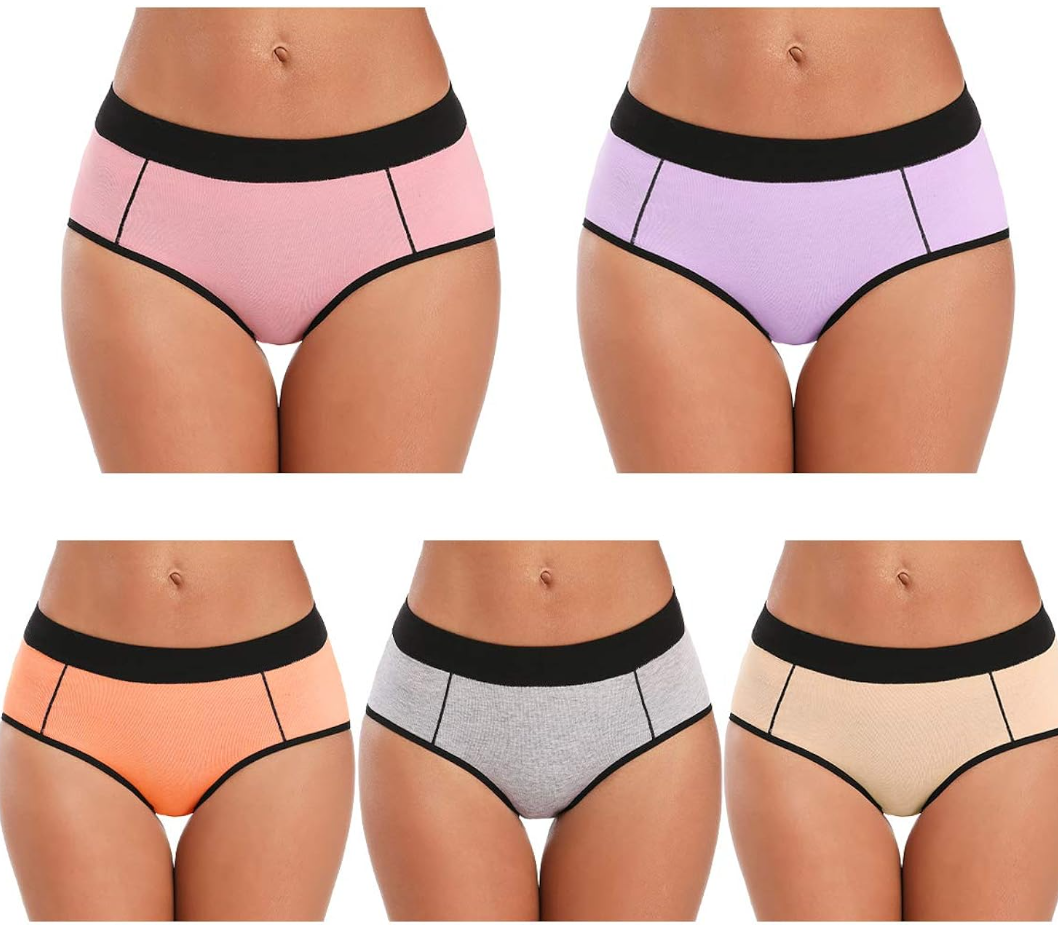 POKARLA Women's Cotton Stretch Underwear Ladies Mid-high Waisted Briefs Panties 5-Pack XL