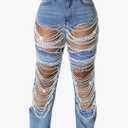 Geulis Womens Sexy Ripped Jeans High Waisted Rhinestones Pearl Chains Distressed Baggy Jeans Party Clubwear Denim Pants Small