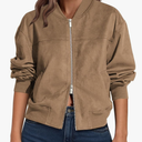 Lazysmile Women's Faux Suede Bomber Jackets Fall Fashion Outfits Winter Clothes Stand Collar Zip Up Coats Outwear S