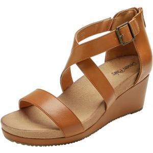 DREAM PAIRS Women's Open Toe Buckle Ankle Strap Summer Platform Wedge Sandals (6.5, Camel/Pu)
