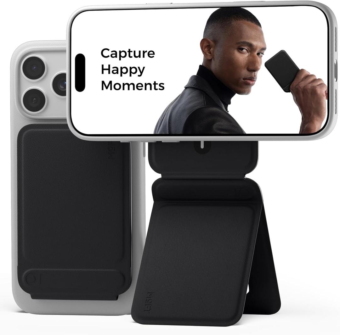 MOFT Phone Tripod Stand Selfie Stick for iPhone, Multi-Angles iPhone Stand, Lightweight & Portable Phone Holder, Strong Magnets, MOVAS Vegan Leather, Travel Essentials, Jet Black (Without Card Slot)