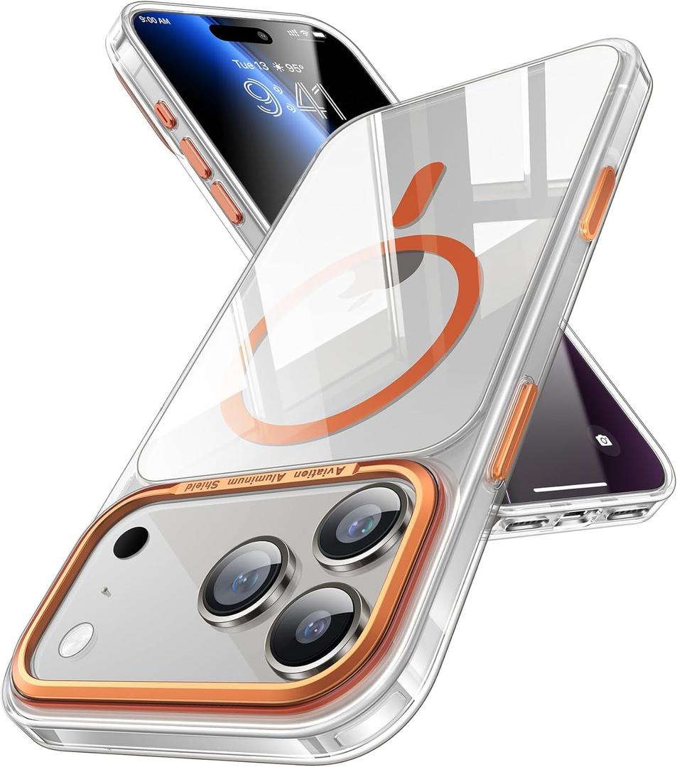 Maledan for iPhone 17 Pro Max Case Clear Orange - Aluminum Camera Frame Magnetic 17 Pro Max Case Fit for Mag Safe, Camera Control, Transparent Military Shockproof Phone Cover for iPhone 17 Pro Max