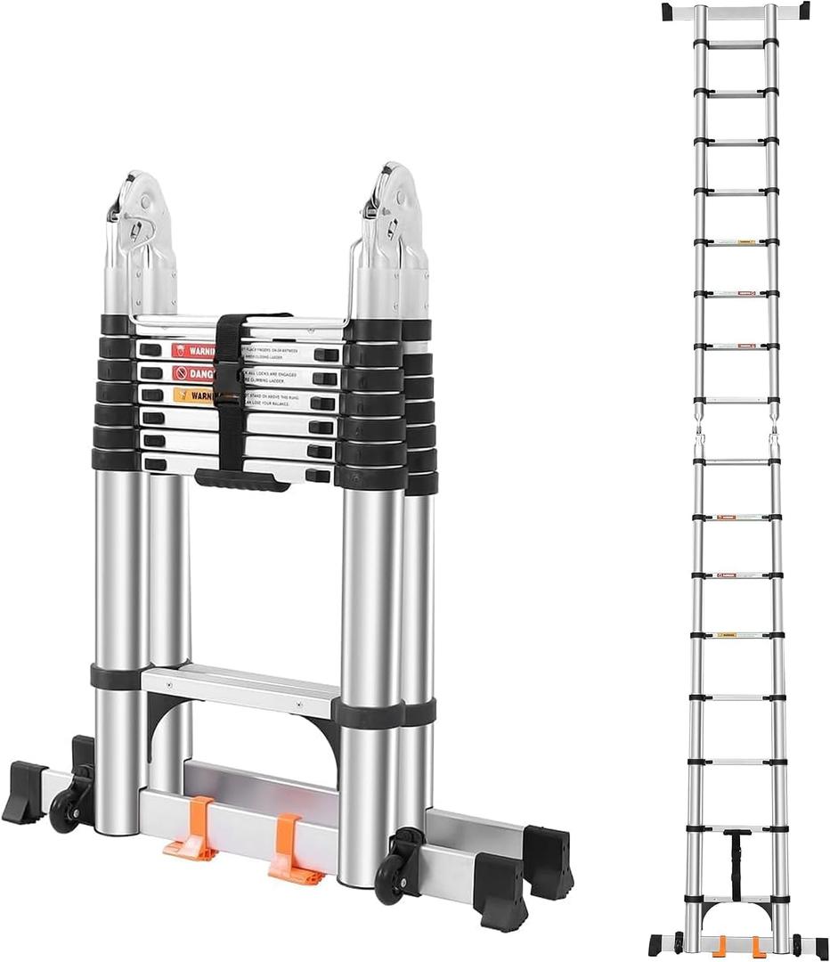 Telescoping Ladder A Frame 16.5 FT, Extension Ladder with Balance Bar and Wheels, Collapsible Telescopic Foldable Ladder for Home Outdoor