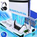 LIFUFUTEE PS5 Stand, PS5/Slim/Pro Cooling Station with 2.36in Cooling Fan, Controller Charger Station for PS5 Accessories, Light, Headset Holder, 3 Charger Ports for PlayStation 5 Slim/Pro Console (White)