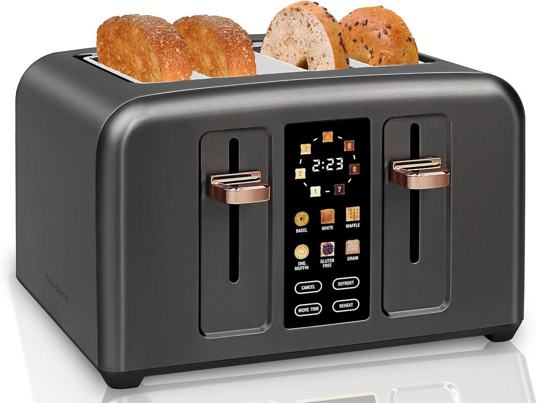 SEEDEEM Toaster 4 Slice, Full Touch control Toaster, LCD Display, 6 Bread Type, 7 Shade Settings, 1.4''Wide SlotsMore Time Function, Removable Crumb Tray, 1800W, Dark Metallic