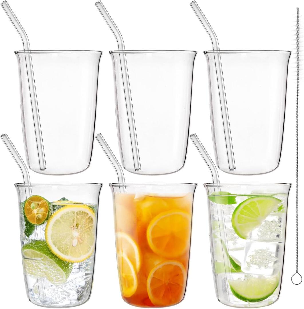6 Piece Drinking Glasses, 16 Oz Clear Water Glass Set with Straws, Lead-free Highball Glass Cup Kitchen Glassware for Juice, Beverage, Cocktail, Ice Tea, Coffee, Soda